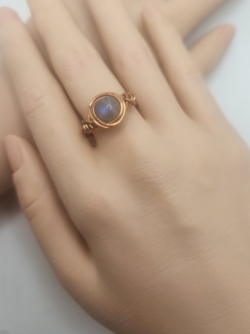 Handcrafted Copper Wire-Wrapped Ring with Moonstone